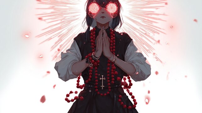 A stylized anime girl, radiating red light from eyes, praying hands, and rosary - Powered by Adobe