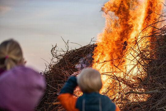 Bonfire at Traditional Easter fire event with flames and community gathering