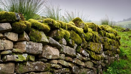 old stone wall overgrown with moss in natural outdoor setting