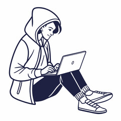Young person in hoodie using laptop computer sitting on floor