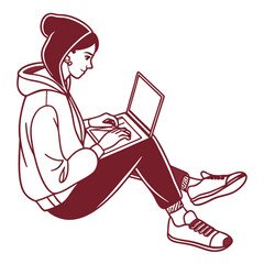 Young woman using laptop computer, sitting on floor, clean cutout, transparent background