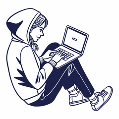 Young woman in hoodie using laptop computer while sitting