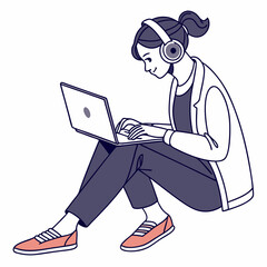Young woman working on laptop while listening to music