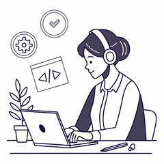 Woman wearing headphones works on laptop computer at desk