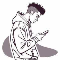 Young black man using smartphone stylish hoodie profile view