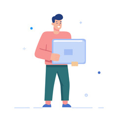 Happy man holding a tablet computer on white background