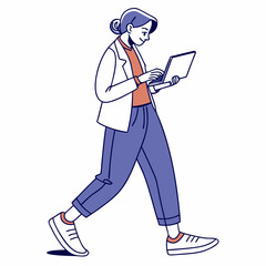 Woman walking using laptop computer modern style illustration