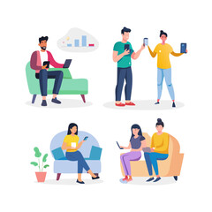 Diverse people using laptops and smartphones on couches, professional vector illustration with transparent background
