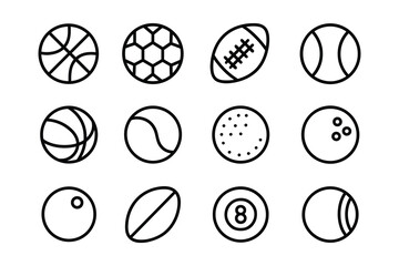 Sports Balls Vector Element Collection Diverse Set of Game Equipment Outline Icons Isolated