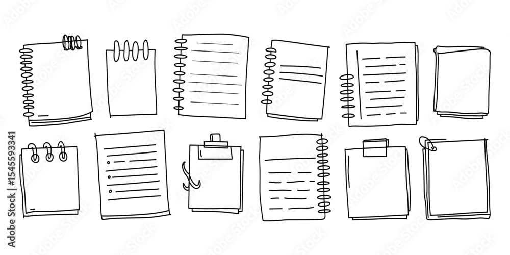 Poster spiral notebook vector element set outline style paper notepad diary isolated on white