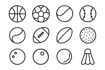 Sports Vector Element Set Outline Style Featuring Various Balls and Shuttlecock Icons