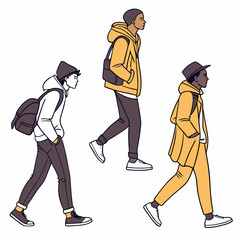 Three young men walking outdoors stylish casual wear