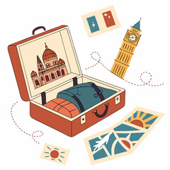 Open vintage suitcase travel illustration, transparent background