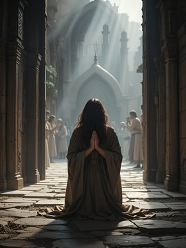 Create a hyperrealistic, emotionally powerful cinematic scene of Hannah, a devout woman from the Bible, kneeling in deep prayer at the entrance of the tabernacle in Shiloh.