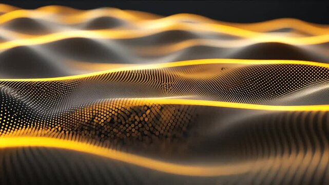 Abstract flow with particles and golden light wave motion, dynamic visuals