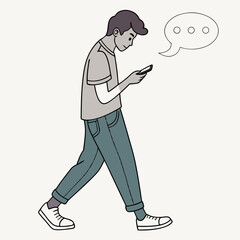 Young man walking and texting on smartphone casual outfit
