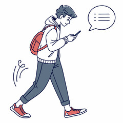 Young man walking uses smartphone checklist app