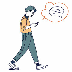 Young man walking using smartphone messaging app clean cutout