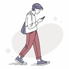 Young person walking and using smartphone casual style