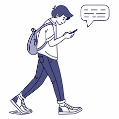 Walking teenager using smartphone texting message transparent background