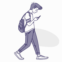 Teen boy walking smartphone backpack transparent background design element