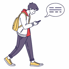 Young man walking texting smartphone mobile phone backpack student casual