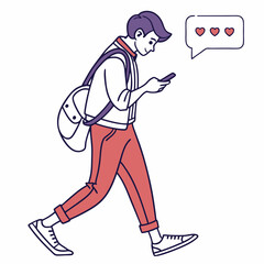 Walking man using smartphone social media likes transparent background