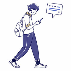Young man walking using smartphone texting message