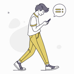 Young man walking using smartphone messaging app
