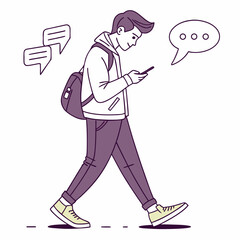 Young man walking using smartphone messaging social media