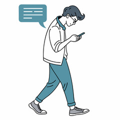 Young man walking and texting on smartphone
