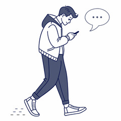 Young man walking using smartphone texting message
