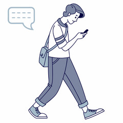 Young man walking using smartphone clean cutout illustration