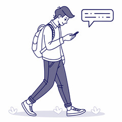 Young man walking using smartphone texting messaging