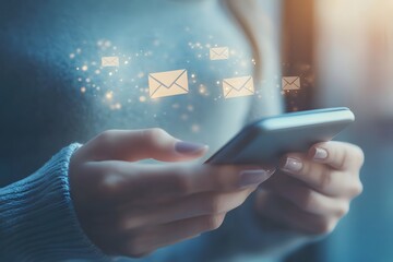 A muted color photo showing a user checking messages on their phone. The finger touches the envelope icon, signaling interaction with a messaging app.

