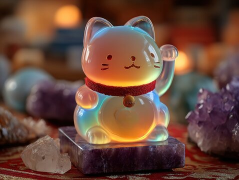 Warm-Gradient Sitting Maneki Neko with Red Collar on Purple Base Amidst Floating Crystals, Dreamy Wealth Charm