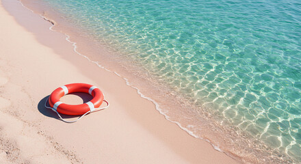 Obraz premium Red lifebuoy on the pink sand of a deserted tropical beach with crystal clear water