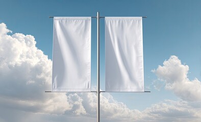 Two blank white fabric banners hang vertically on a metal pole against a partly cloudy blue sky