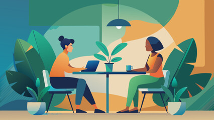 Two women at a table with laptop and plant indoors