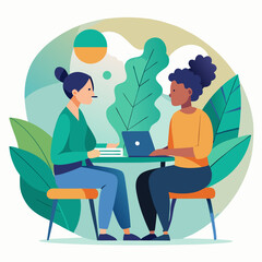 Two women collaborating at a table with a laptop outdoors