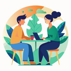 Illustration of two people working at a table outside