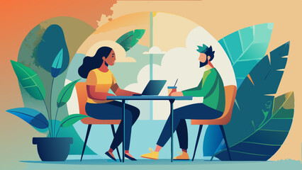 Two people working at a table surrounded by plants