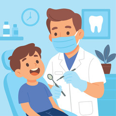 Dentist man working with a kid in his office, health care ilustration