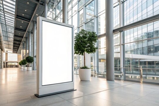 Corporate branding white blank frame mockup placed inside modern office workspace. Ideal for commercial identity, signage, poster design, promotion, or advertising business template presentations.