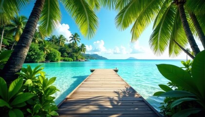 Lush tropical foliage frames a dock extending into turquoise water , rainforest, bright, scenic