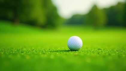 Blurred green golf field, single white golf ball centered, single, game, field