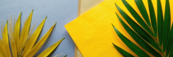 Gray background, vibrant yellow paper, lush palm leaves , sunlight, element