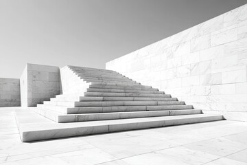 A grand, outdoor marble staircase ascends towards a high, smooth wall under a bright, clear sky