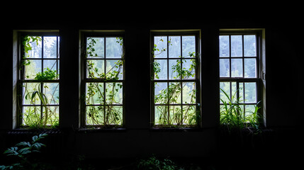 Fototapeta premium Windows of an abandoned PNW building are overgrown with plants cascading inside haphazardly.