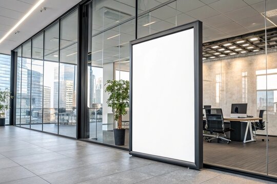 Corporate branding white blank frame mockup placed inside modern office workspace. Ideal for commercial identity, signage, poster design, promotion, or advertising business template presentations.